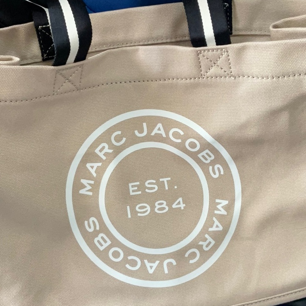 Marc Jacobs Beige Canvas Tote with White Logo and Striped Handles